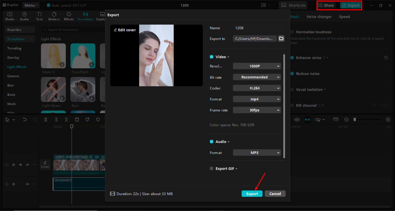 Exporting the product reel from the CapCut desktop video editor