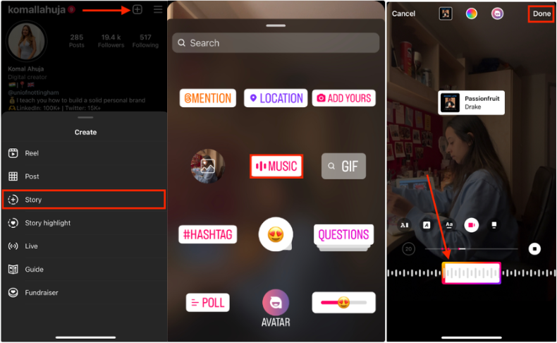 Showing how to how to add audio to Instagram posts