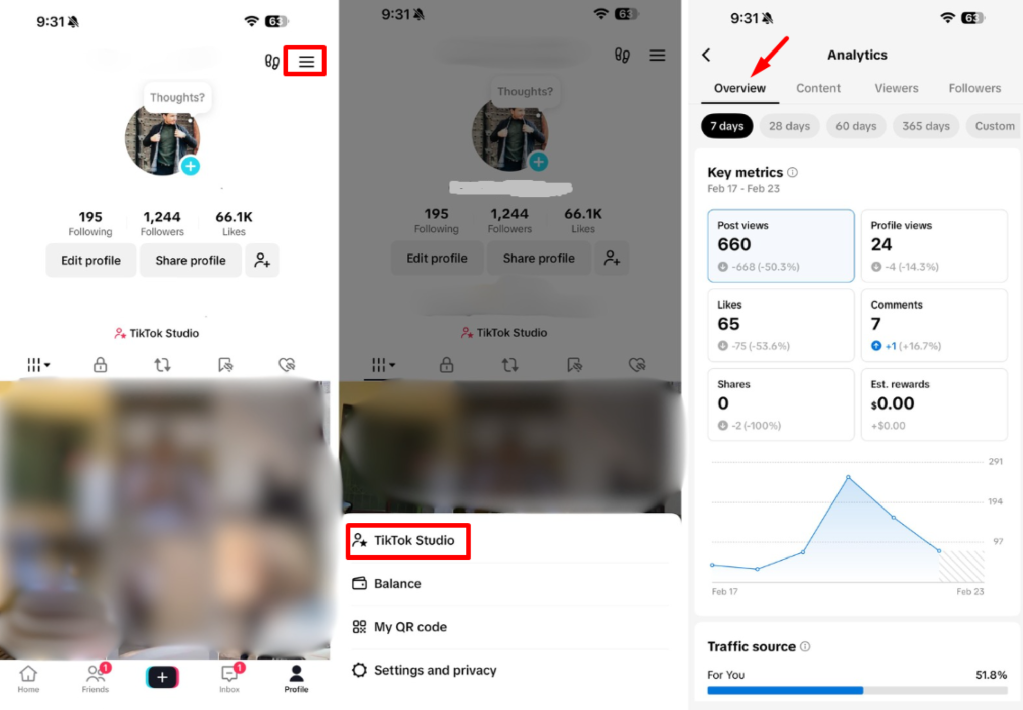Showing how to see total TikTok views on a personal account
