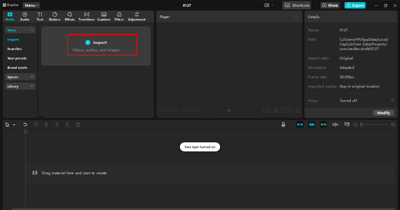 Mengimpor video di CapCut editor video desktop