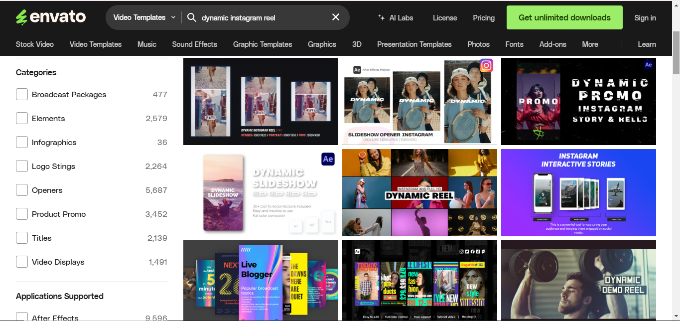 The interface of Envato -  a well-known platform for downloading reel templates for Instagram