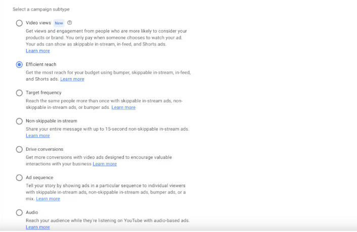 Výběr typu kampaně pro vytvoření kampaně