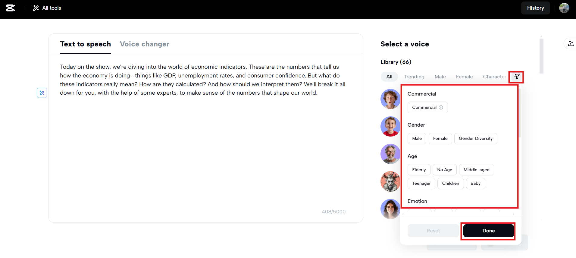 Escolha a voz da biblioteca