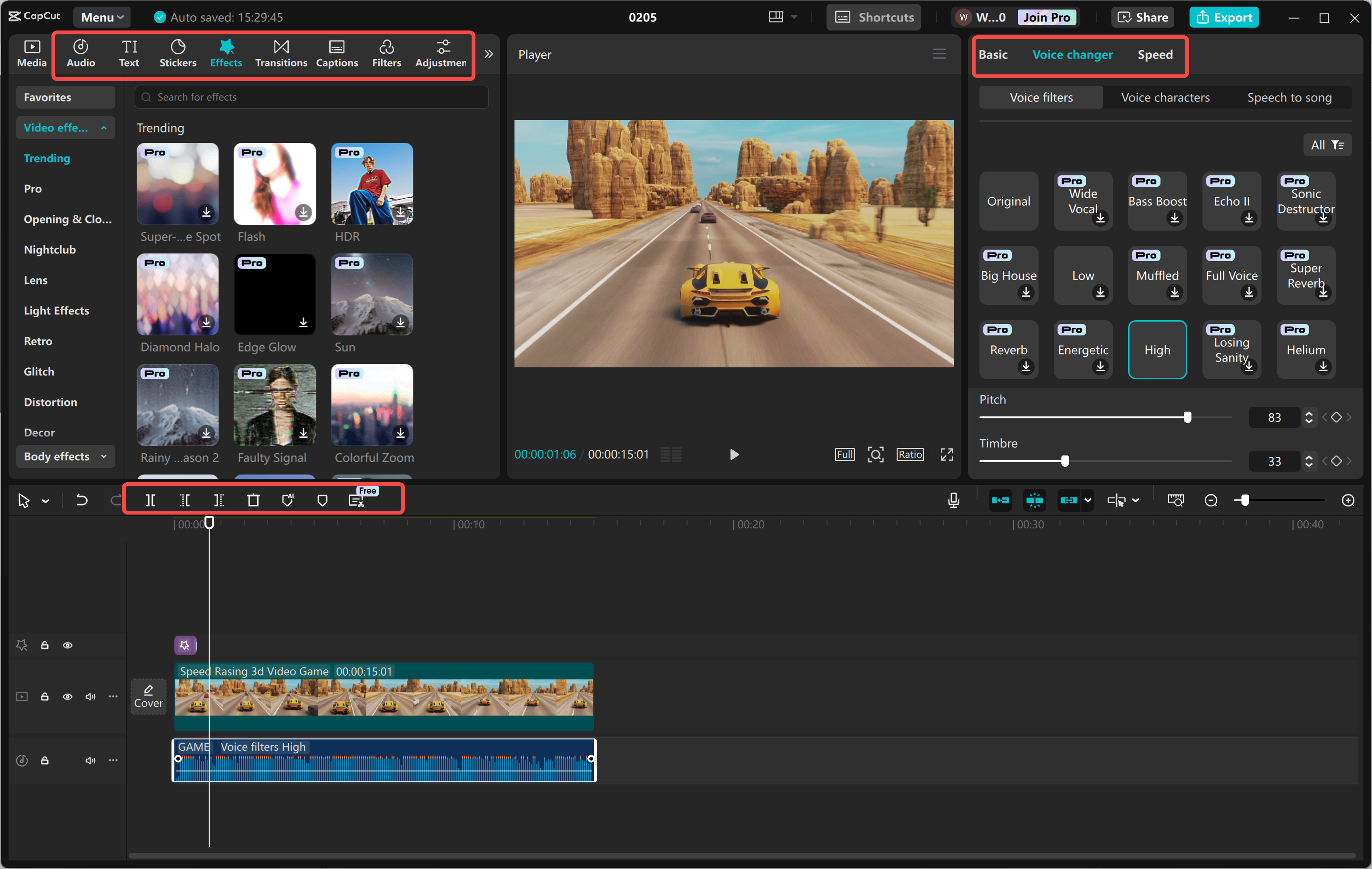 Editing the video using various tools in the CapCut desktop video editor