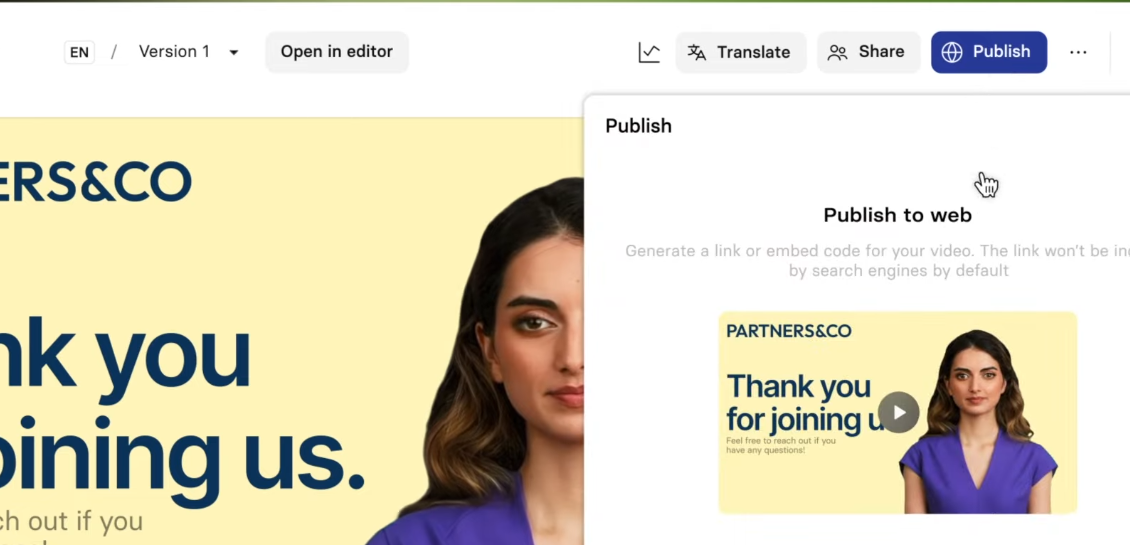 Editing and publishing the video in Synthesia IO