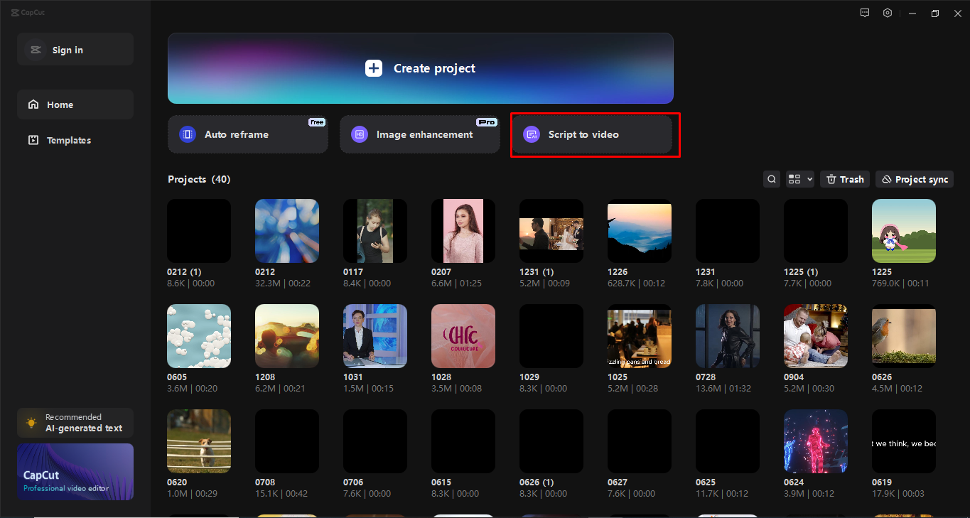 Доступ к сценарию для инструмента видео в настольном видеоредакторе CapCut