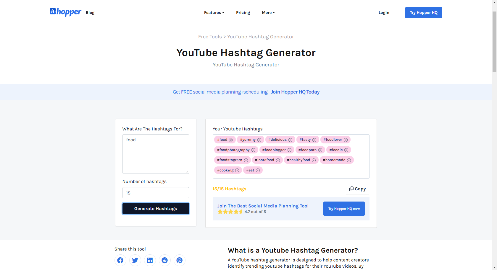 Hopper HQ YouTube hashtag generator