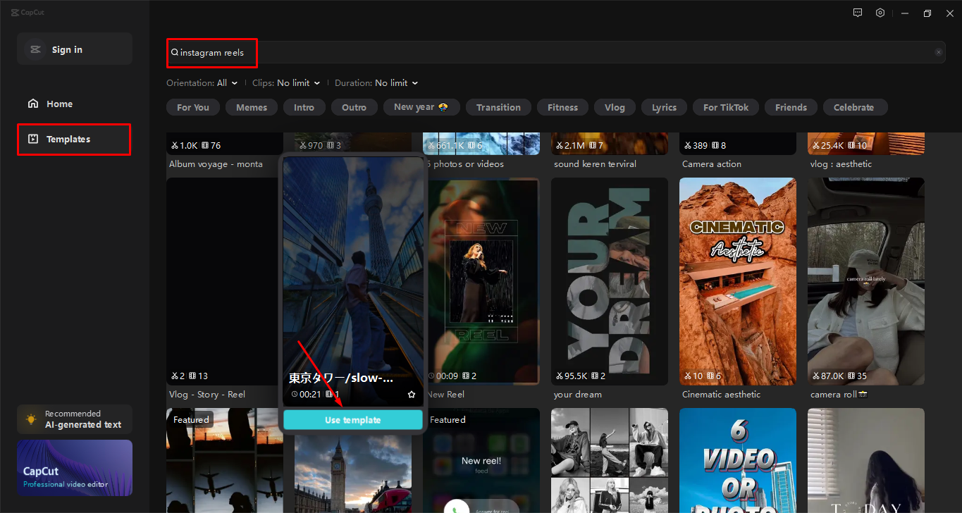 Selecting the pre-made template in the CapCut desktop video editor