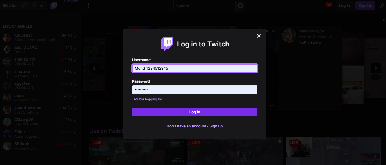 Masuk ke akun Twitch Anda