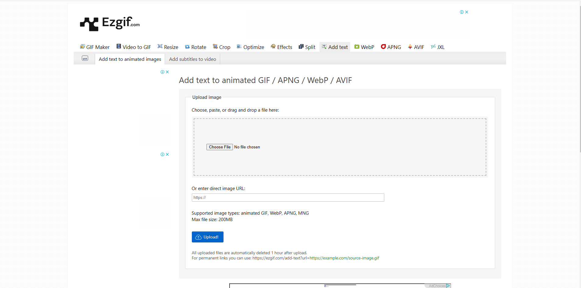 Interface of Ezgif - an easy-to-use tool for writing text on GIFs