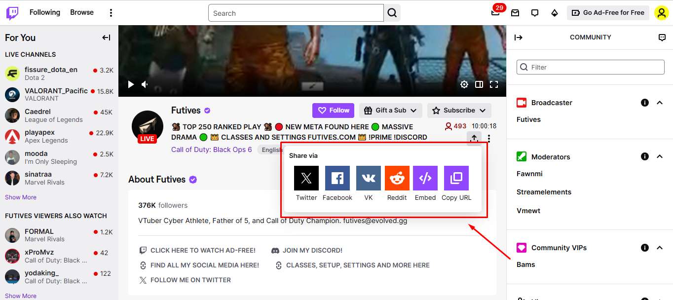 Sharing streams on social media platforms to promote Twitch channel