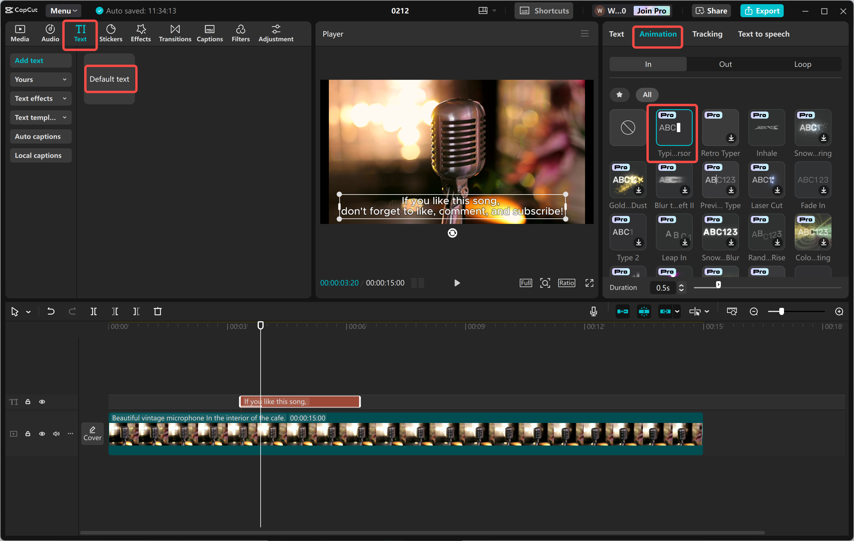 Applicazione dell'effetto di dattilografia al testo nell' CapCut editor video desktop