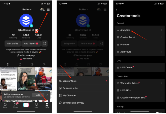 Showing how to view insights on TikTok on a mobile phone