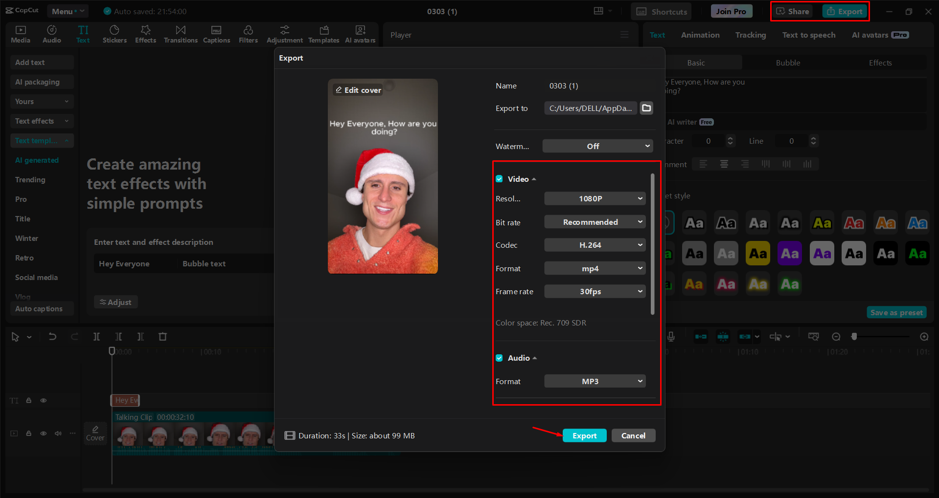 Exporting a video from the CapCut desktop video editor
