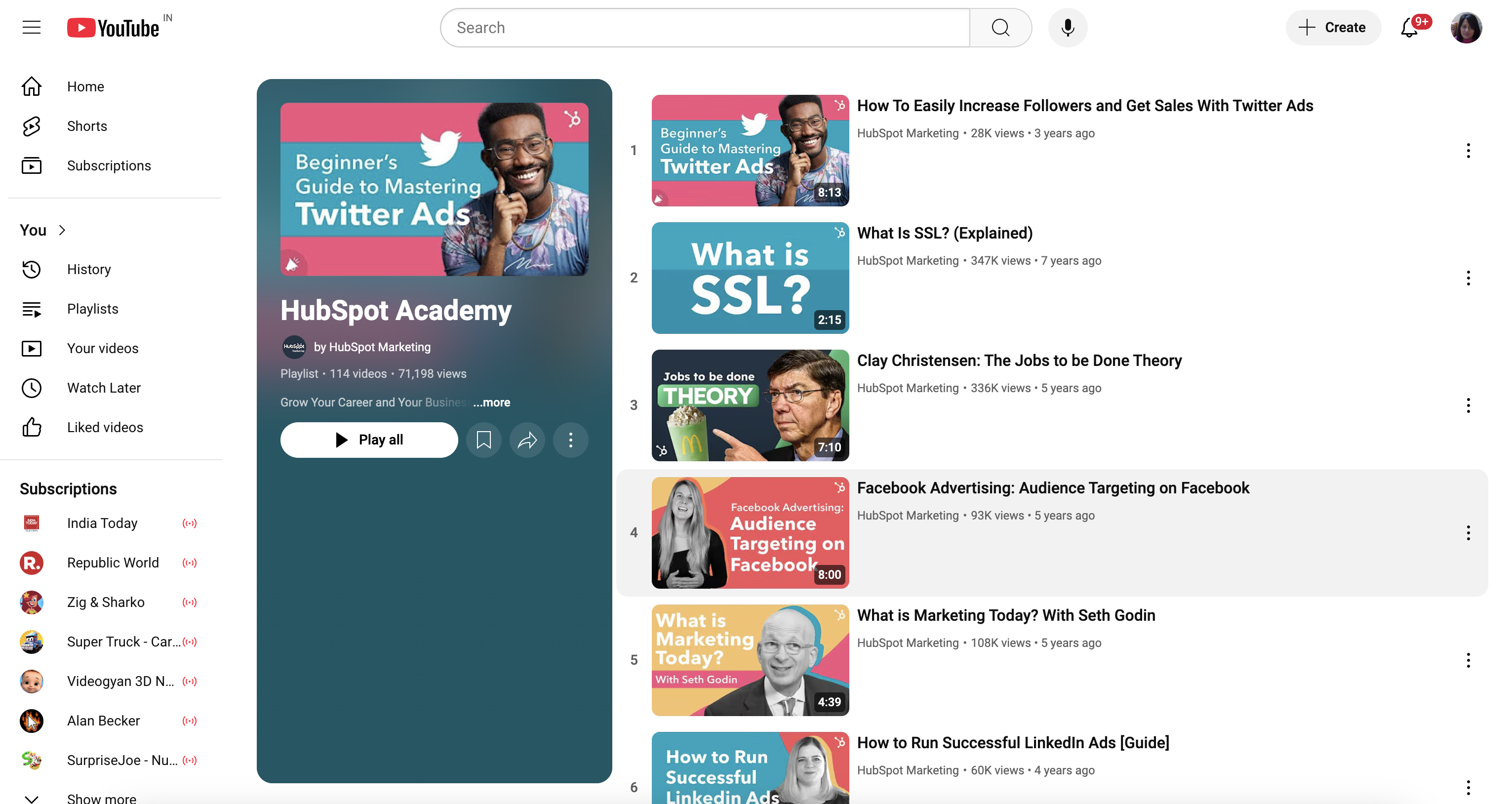 HubSpot Academy marketing channel on YouTube
