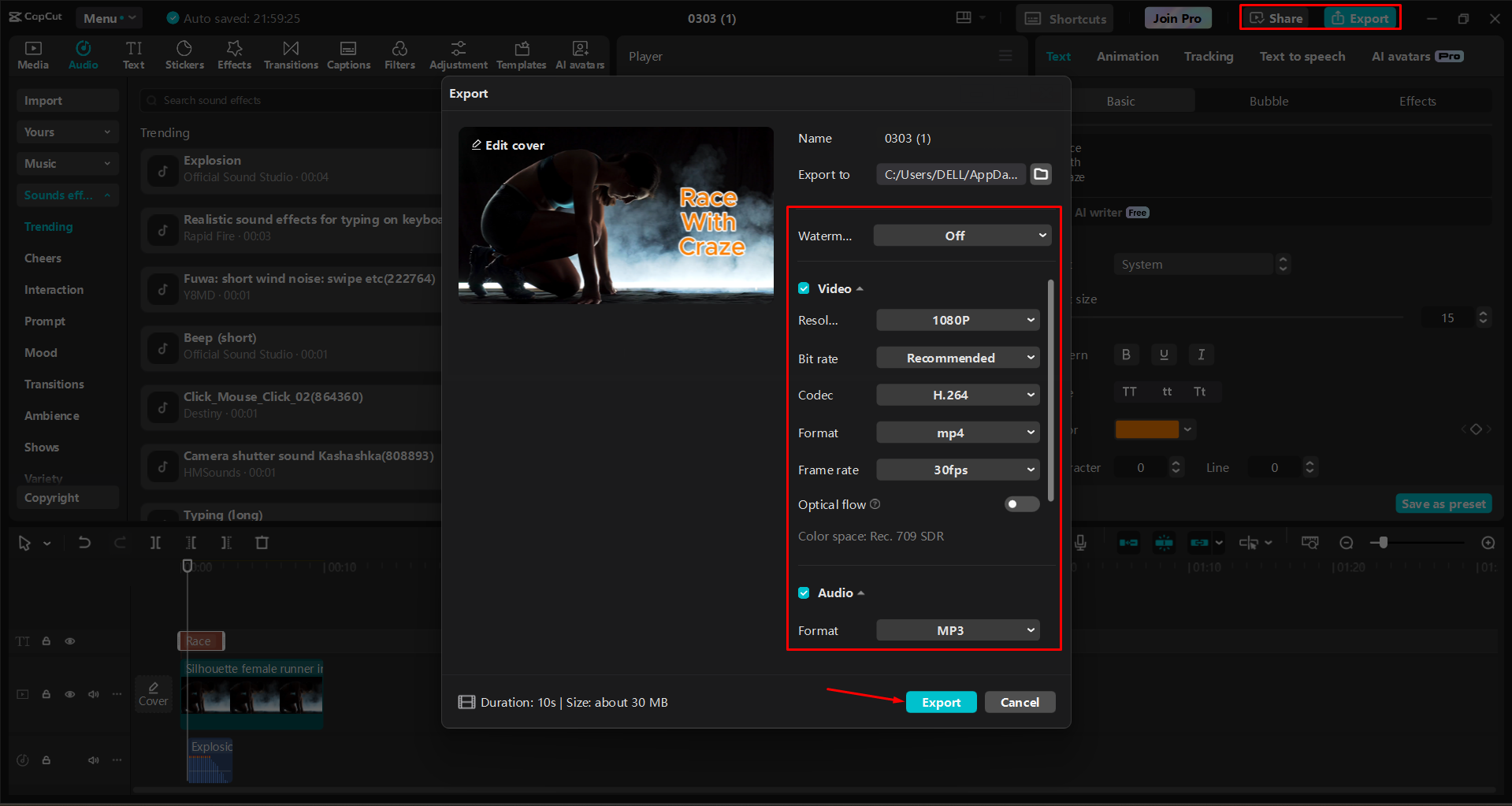 Esportazione di un video dall' CapCut editor video desktop