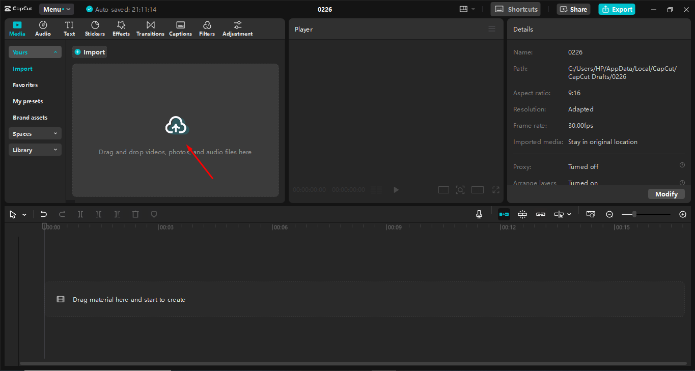 Importing video in the CapCut desktop video editor