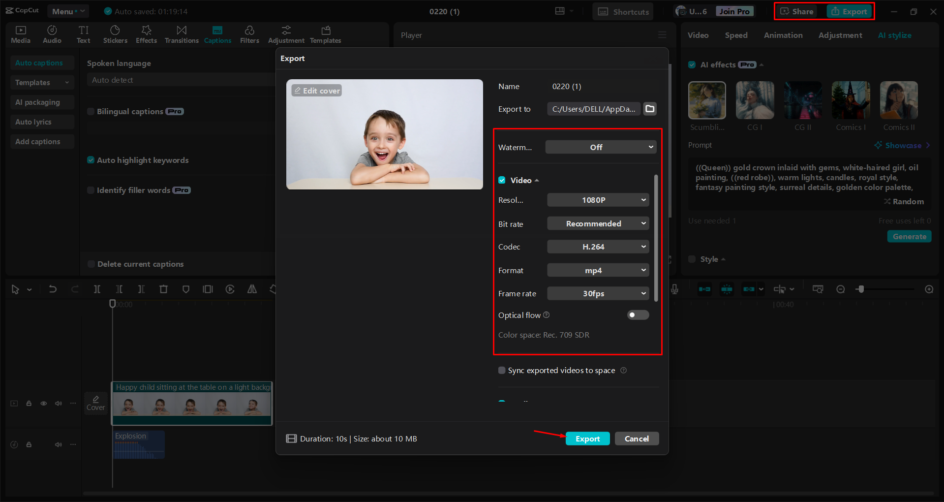 Exporting a video from the CapCut desktop video editor