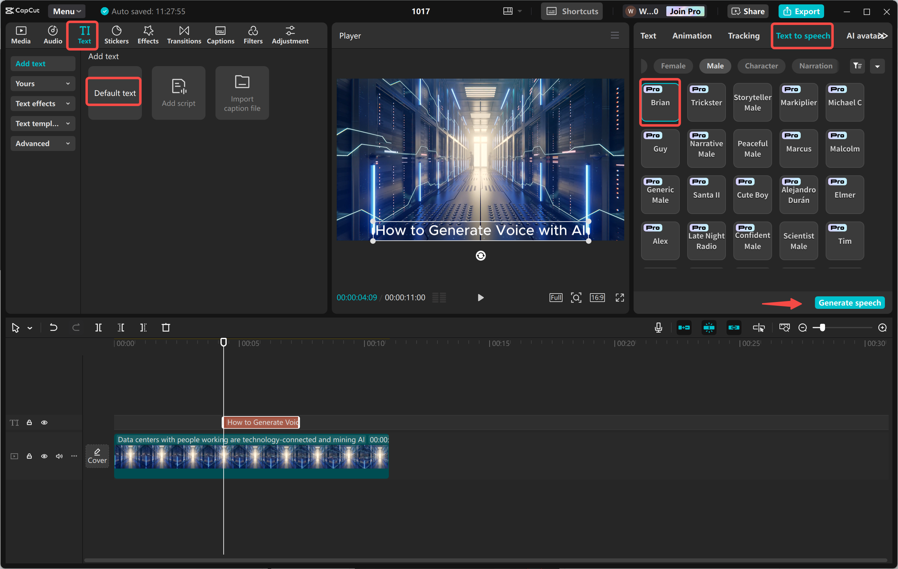 Synthesizing AI voice in the CapCut desktop video editor