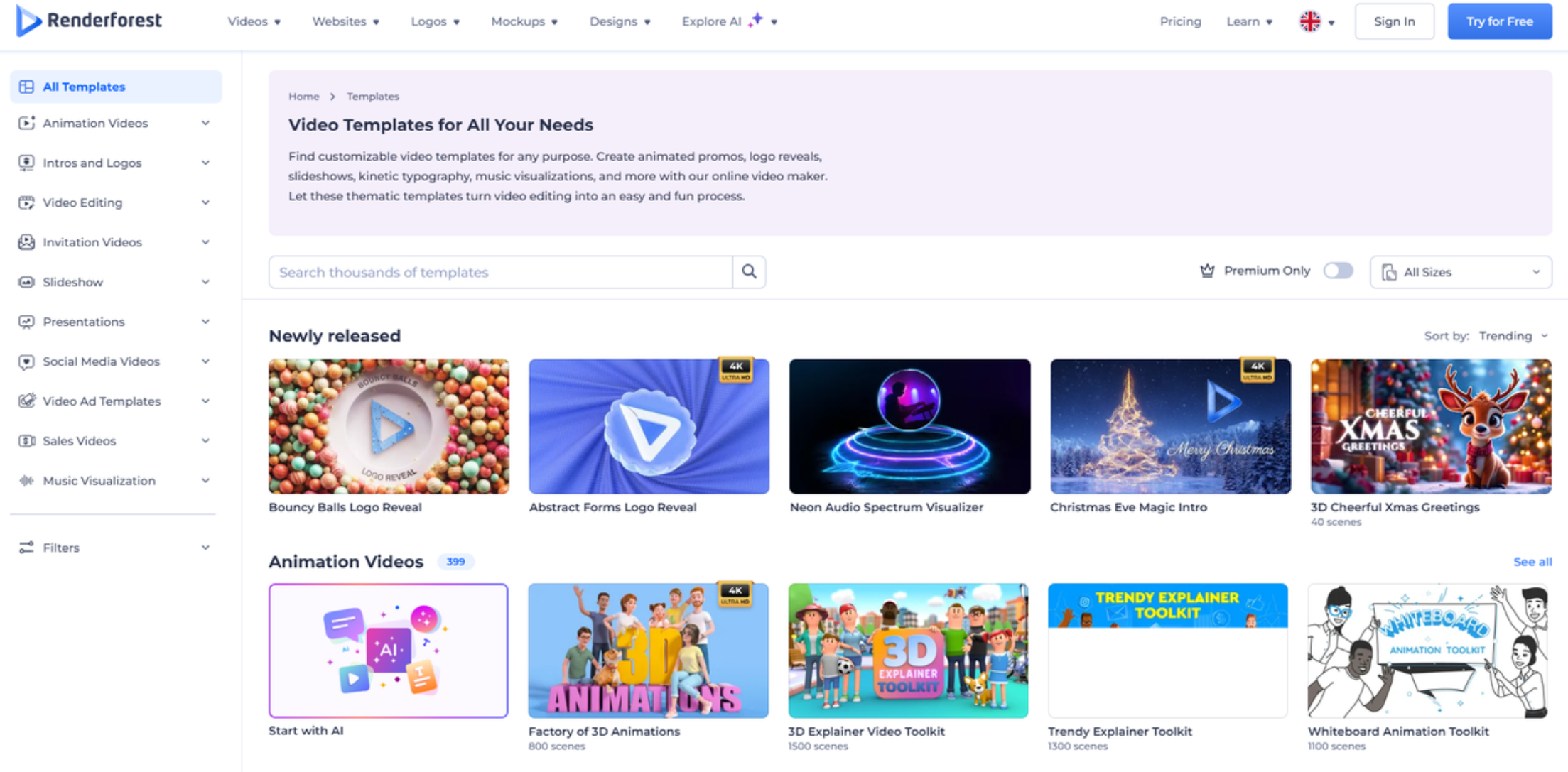 Interface of Renderforect - the perfect source for promotional video making