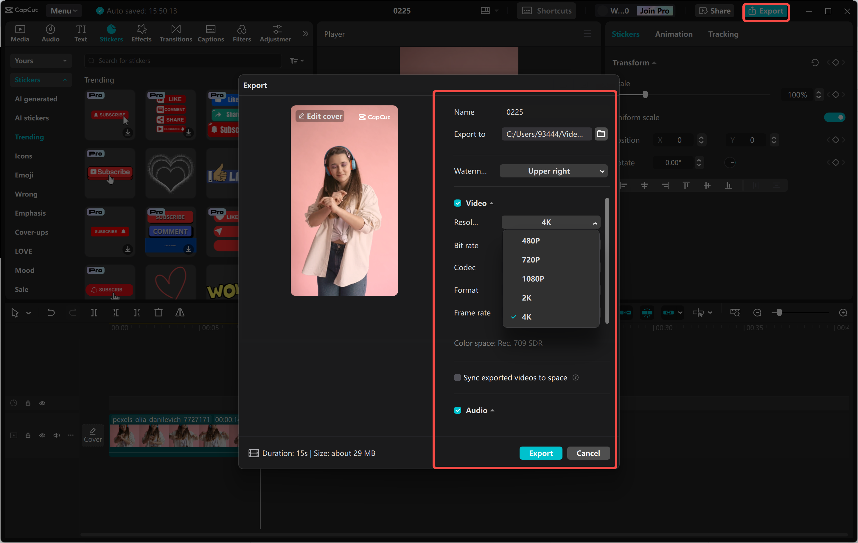 Exporting Reel after editing from the Capcut desktop video editor