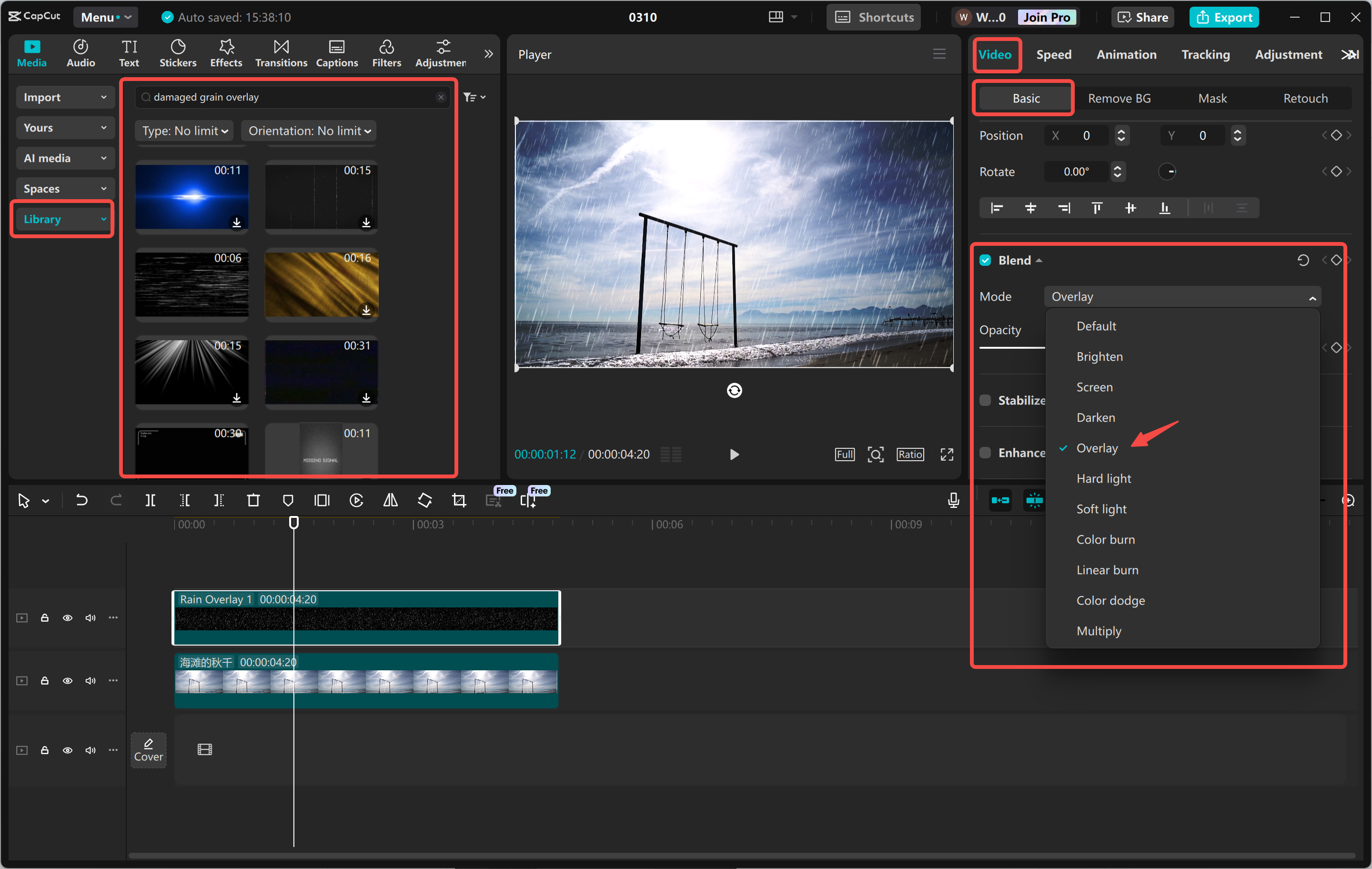 Adding a damaged film overlay to a video in the CapCut desktop video editor