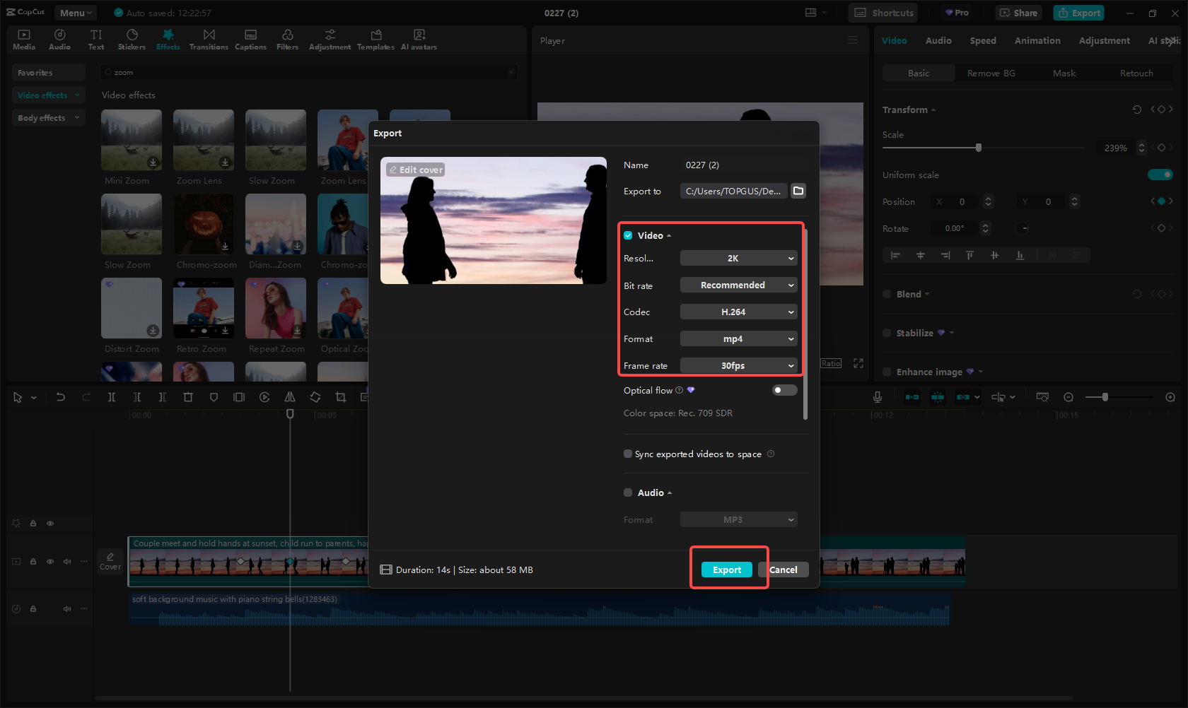 Exporting the video in CapCut
