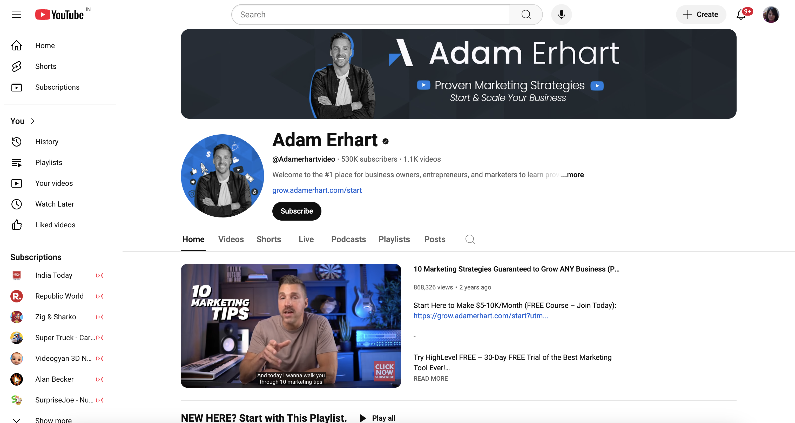 Adam Erhart's marketing YouTube channel