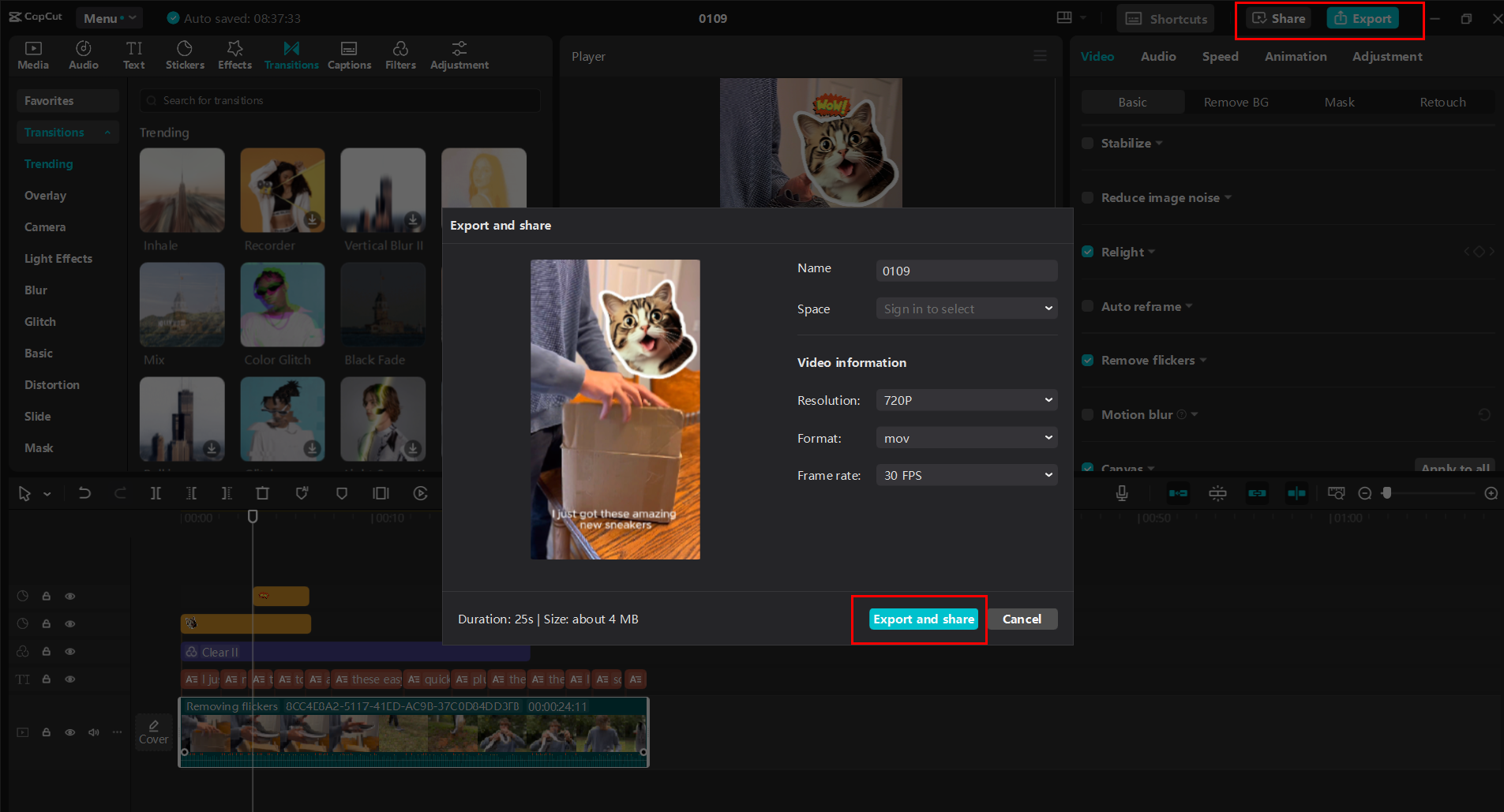 Exporting or sharing the short video with the CapCut desktop video editor