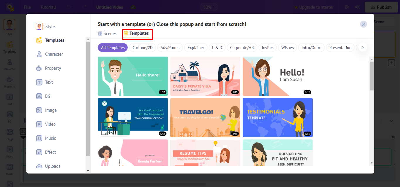 Choisir un modèle dans Animaker