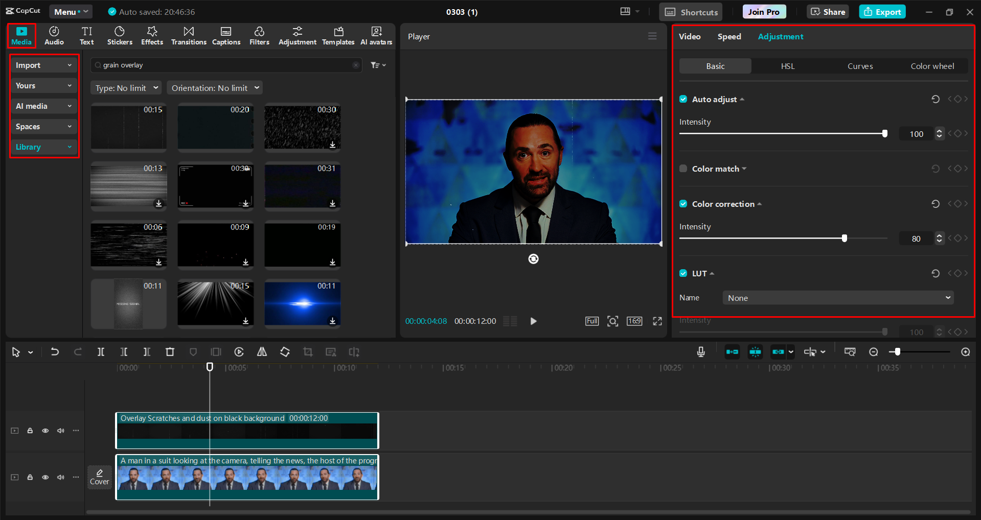 Menambah kesan tindanan butiran filem pada video dalam editor video desktop CapCut