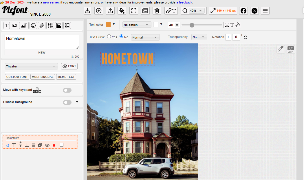 Interface of Picfont  - the popular tool to write text on an image online