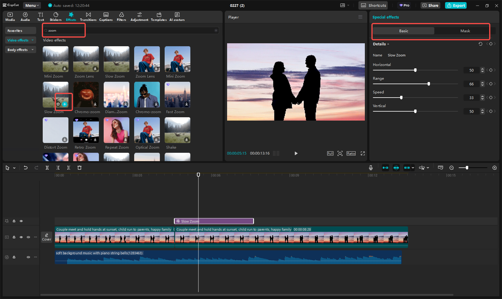 Using the preset zoom effects in CapCut