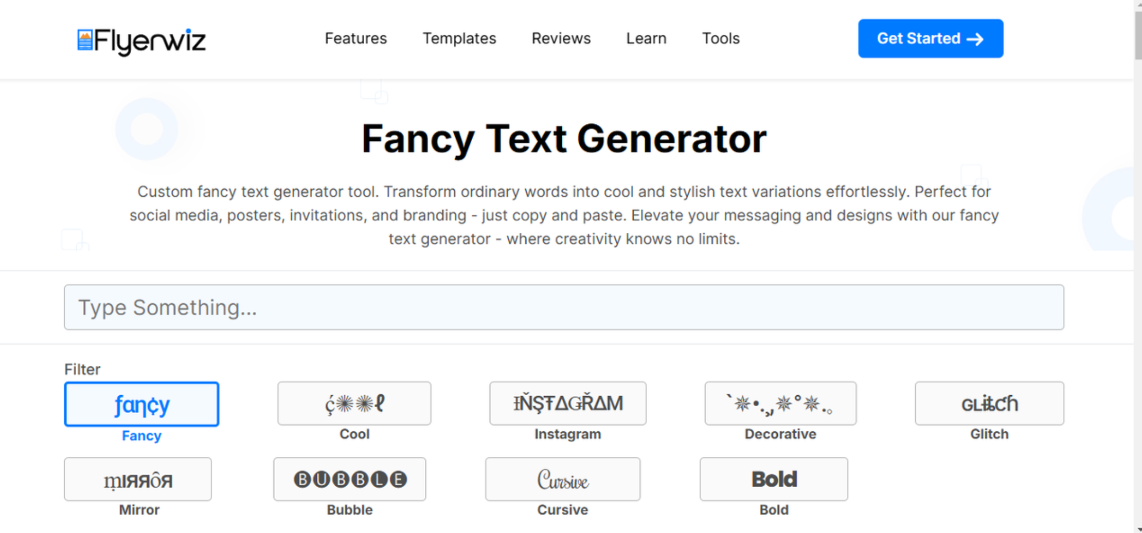 Interface of Flyerwiz - the fancy cursive letters generator for best fonts