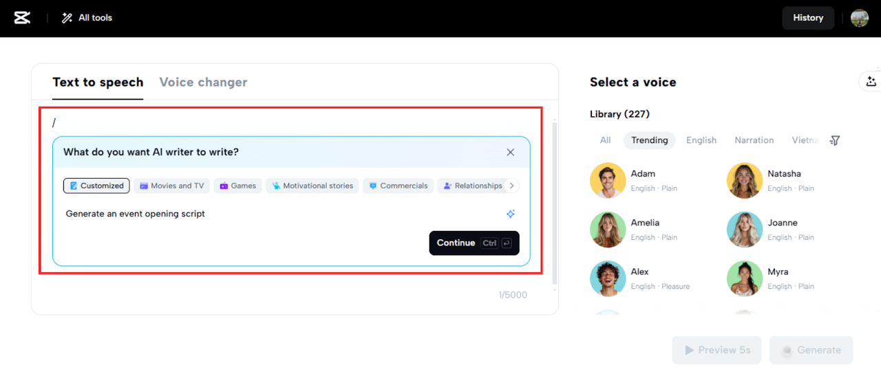 Upload your text or generate with AI