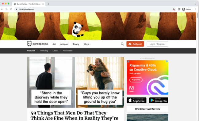 Interfaz de BoredPanda - el lugar más gustado para promocionar videos de YouTube