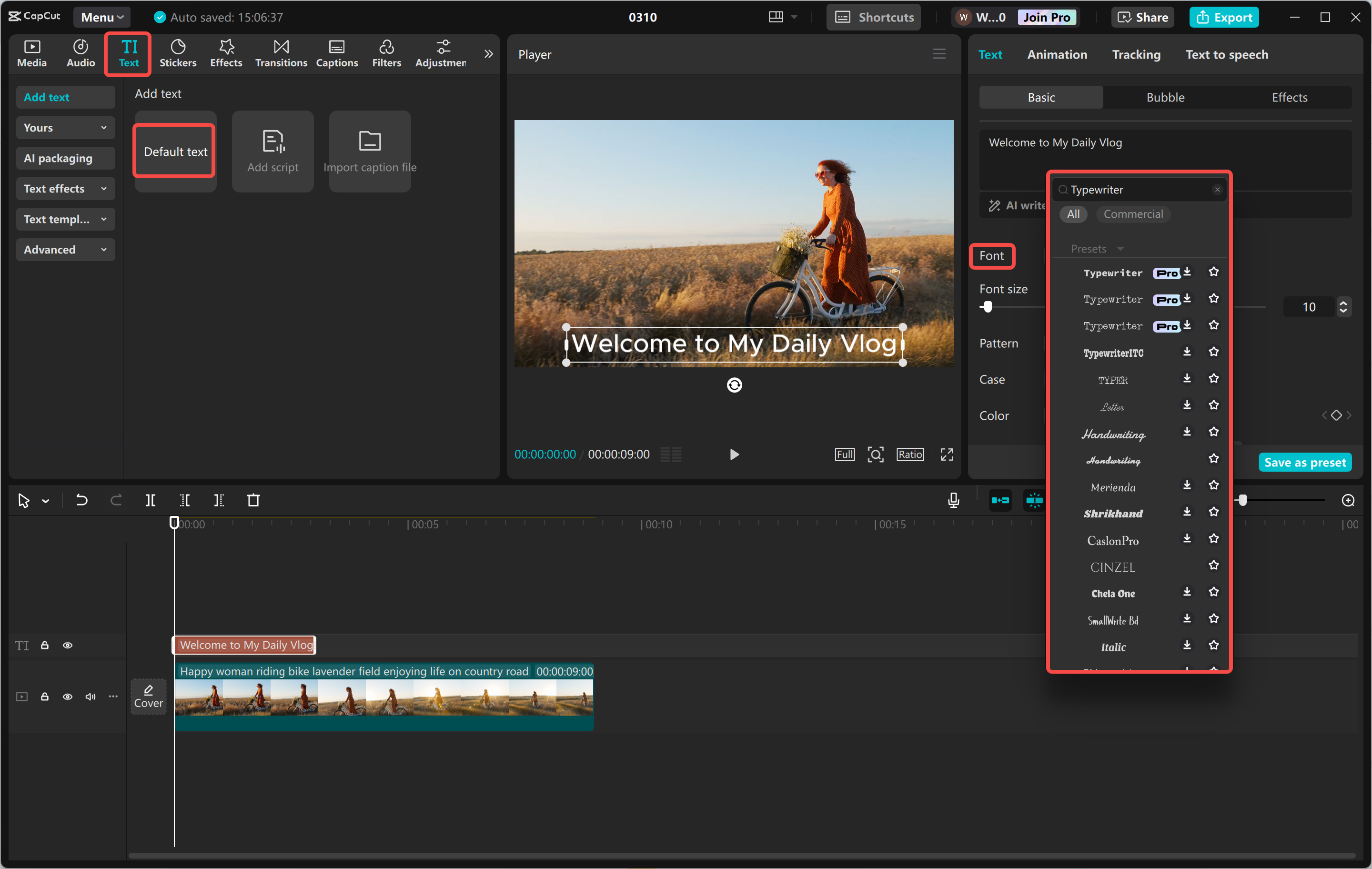 Using the typewriter text in the CapCut desktop video editor