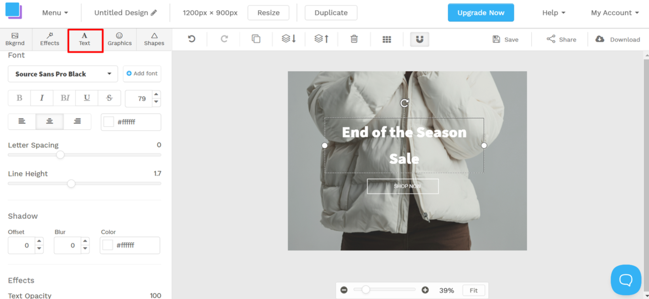 Interface of Snappa- the ideal platform for writing text on JPG image