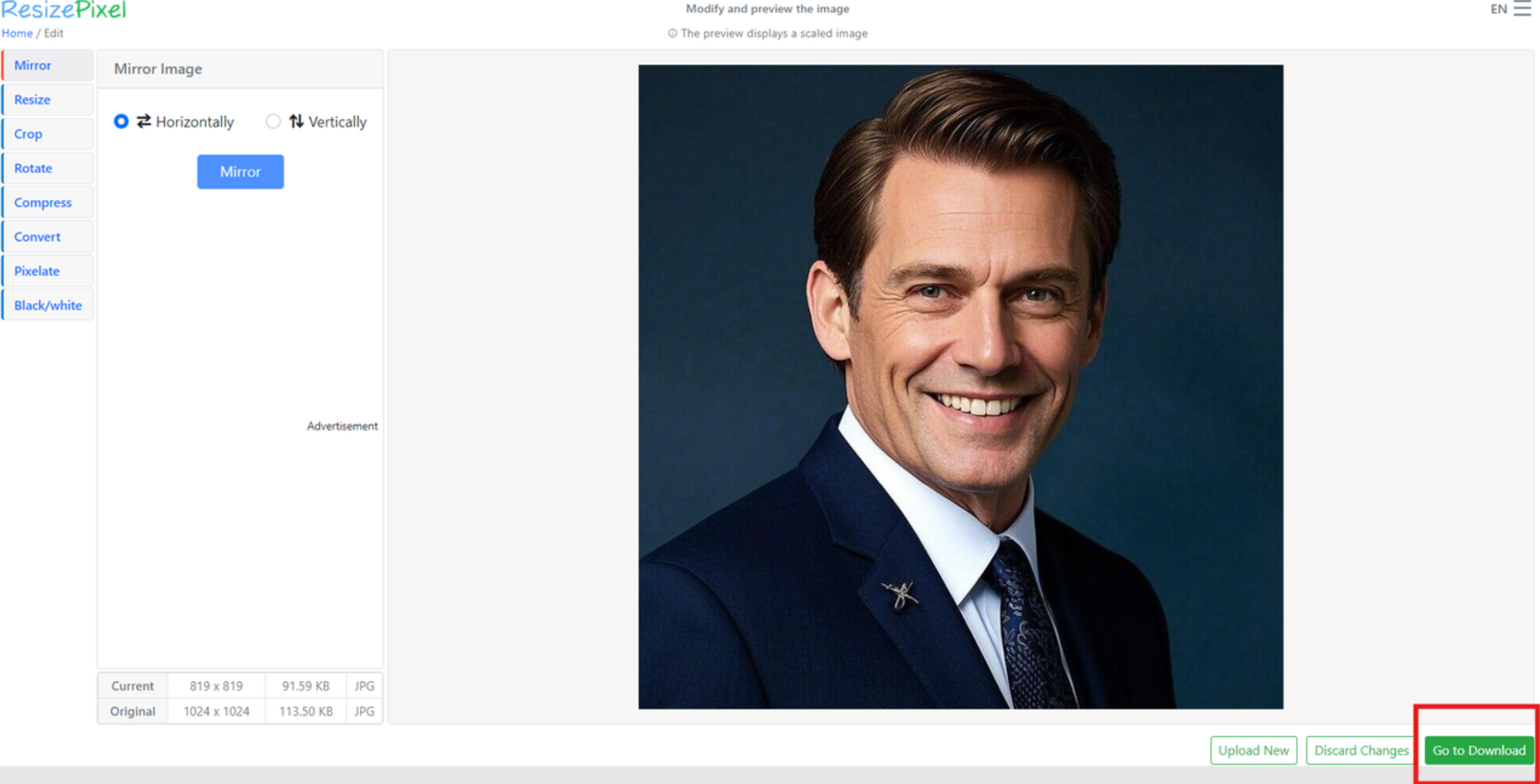 Reszie Pixel로 미러링된 이미지를 다운로드하십시오.