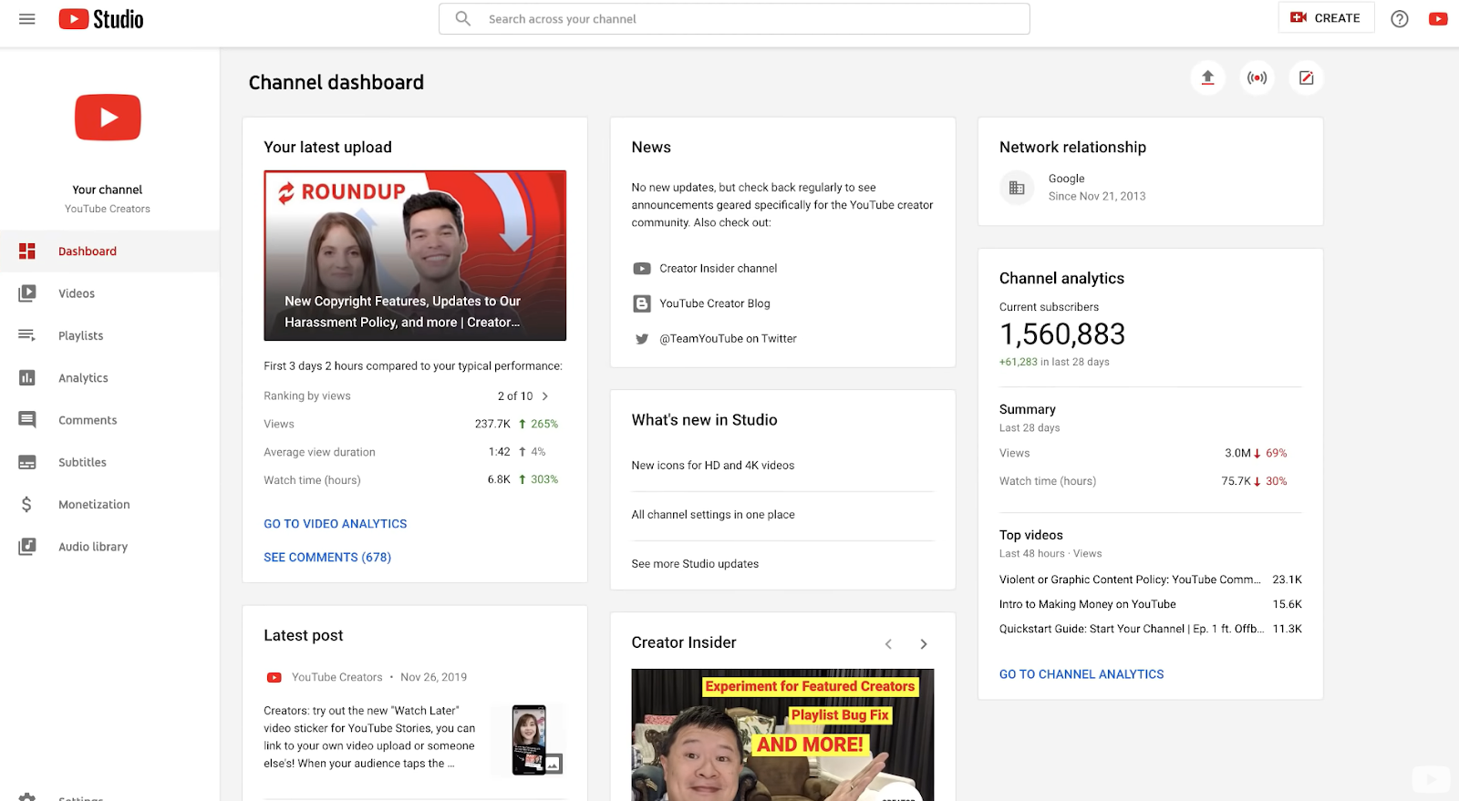 YouTube Studio channel dashboard