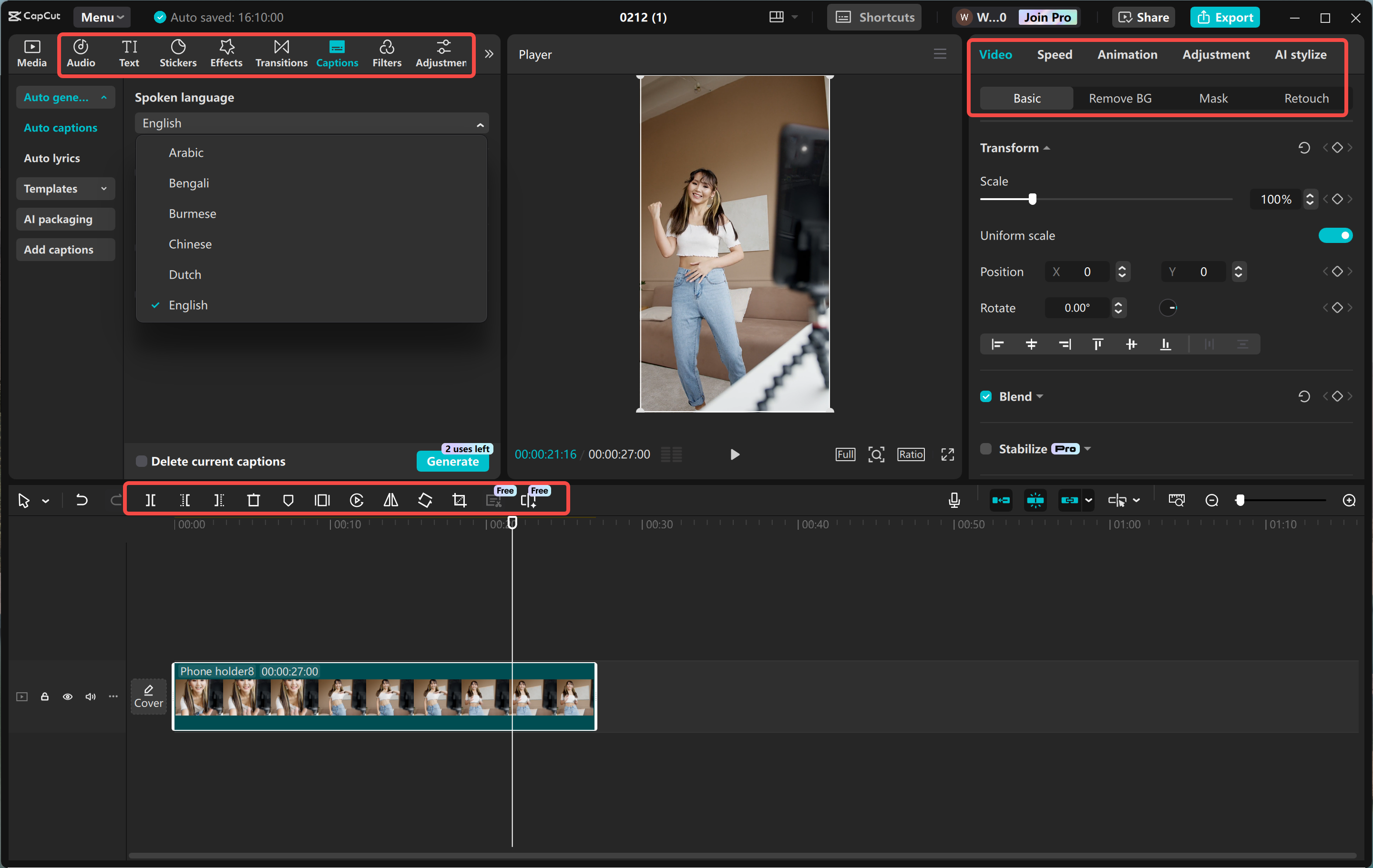 Vylepšení Telegram kanál promo video v CapCut desktop video editor