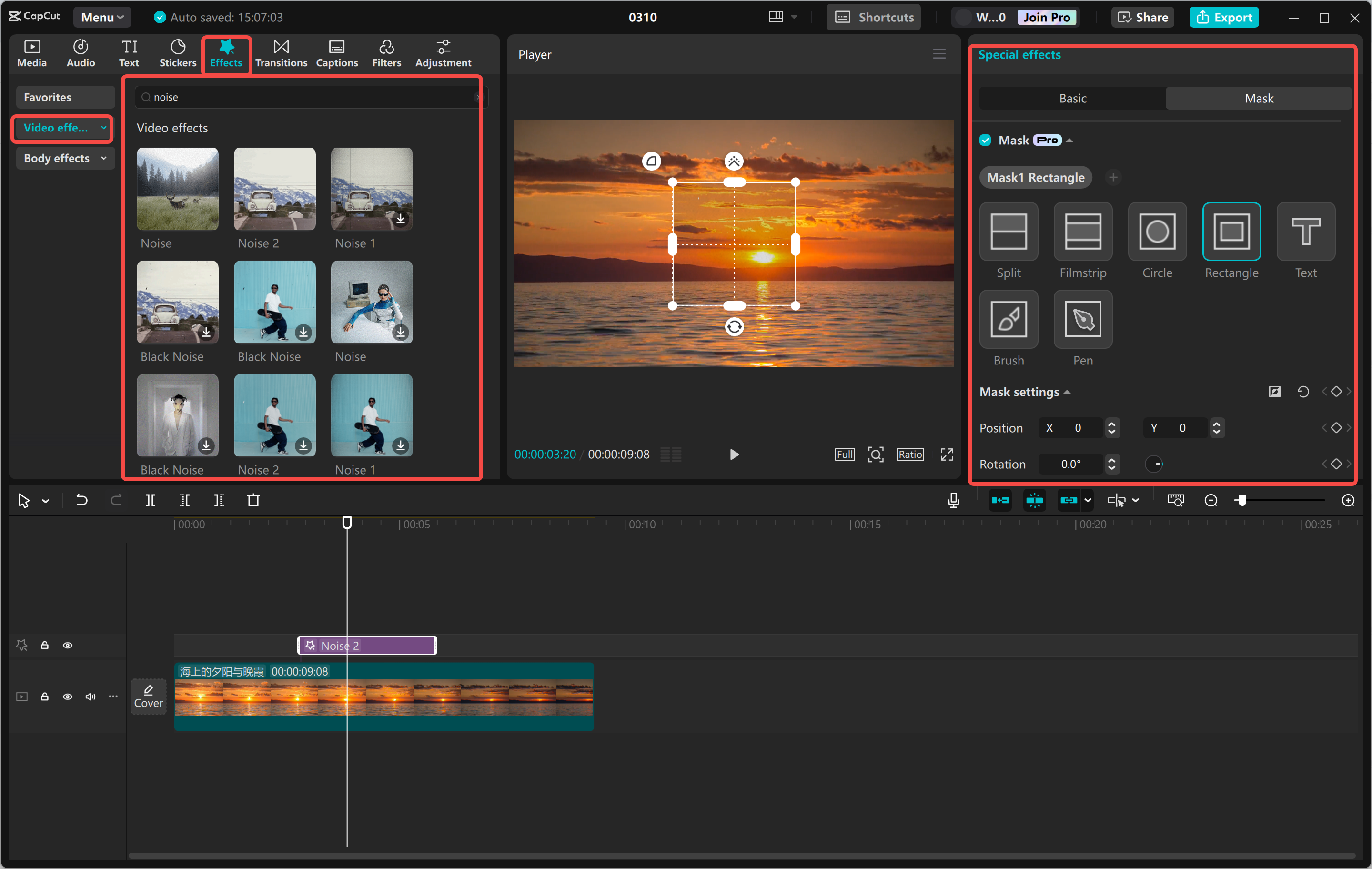Adding noise to an image in the CapCut desktop video editor