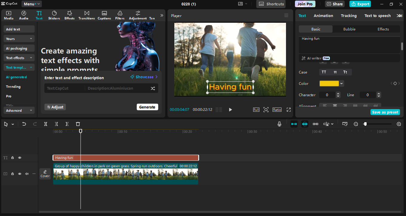Interface of the CapCut desktop video editor - the best tool to add engaging texts to images