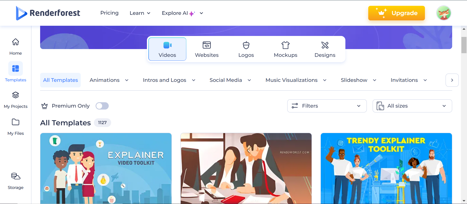 The interface of Renderforest - an all-in-one animation video explainer