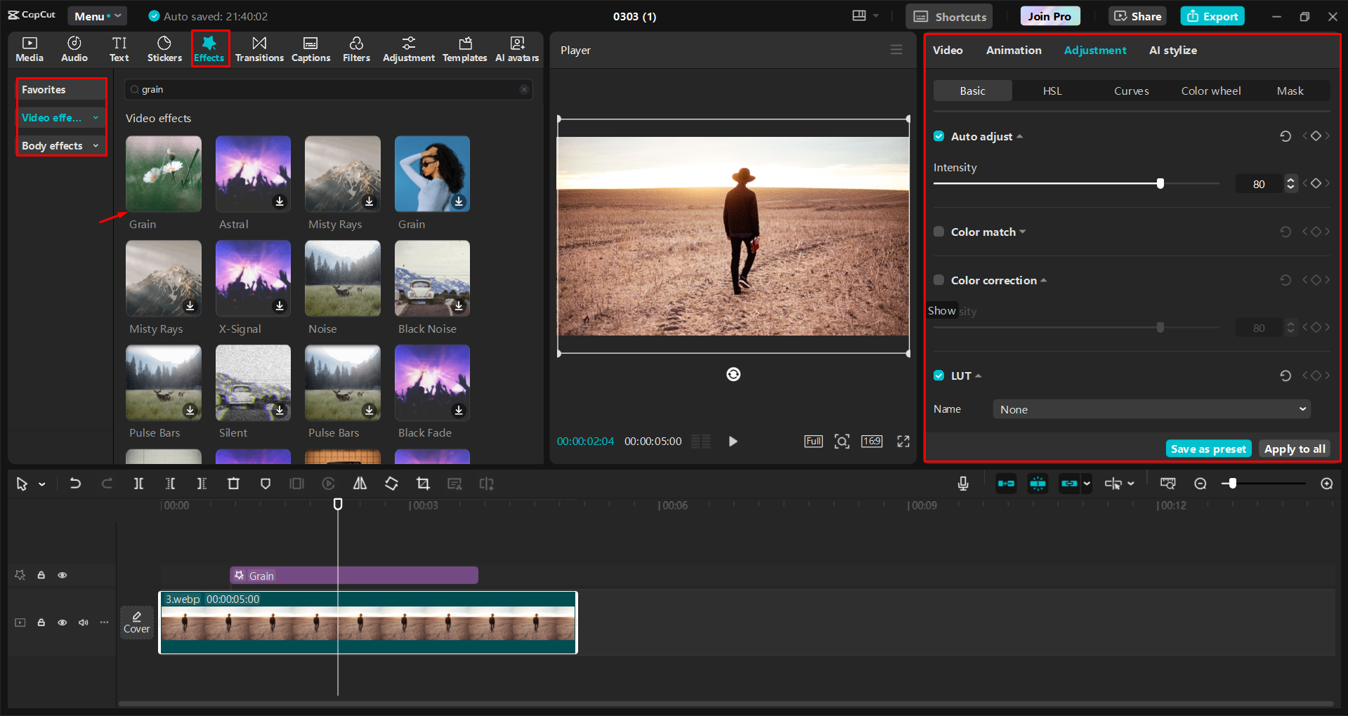 Applying the grain effect to images in the CapCut desktop video editor