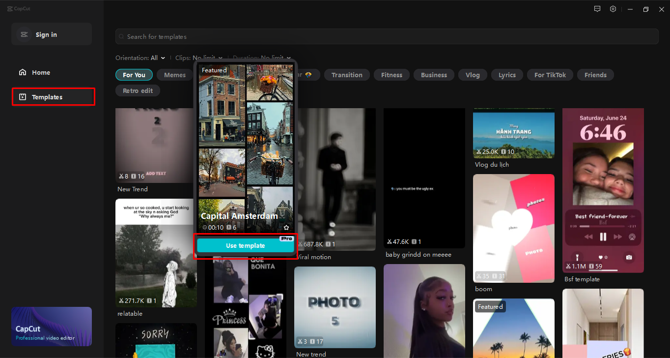 Accessing Instagram reel templates in the CapCut desktop video editor