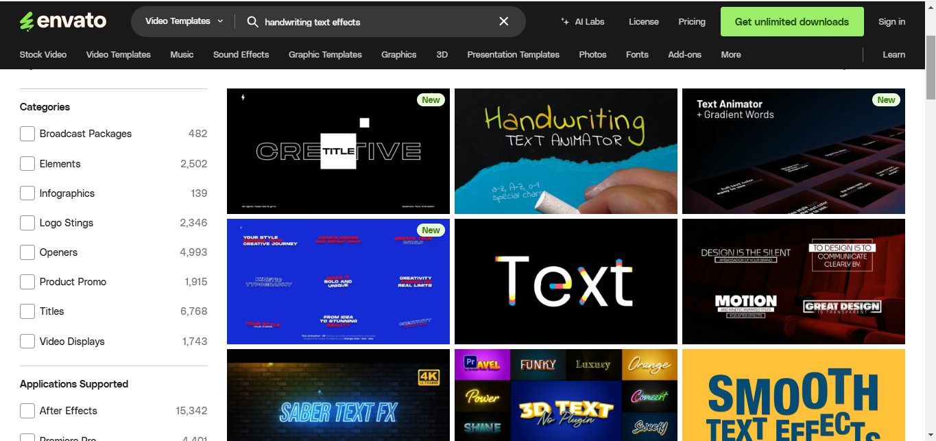 Interface of Envato - the best tool to find handwriting text effect