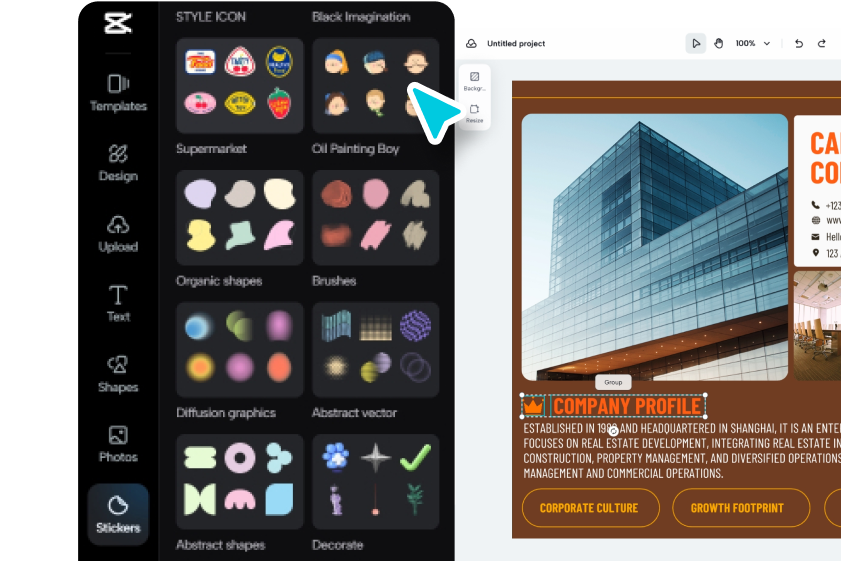 Add shapes, motion graphics, emojis, and stickers
