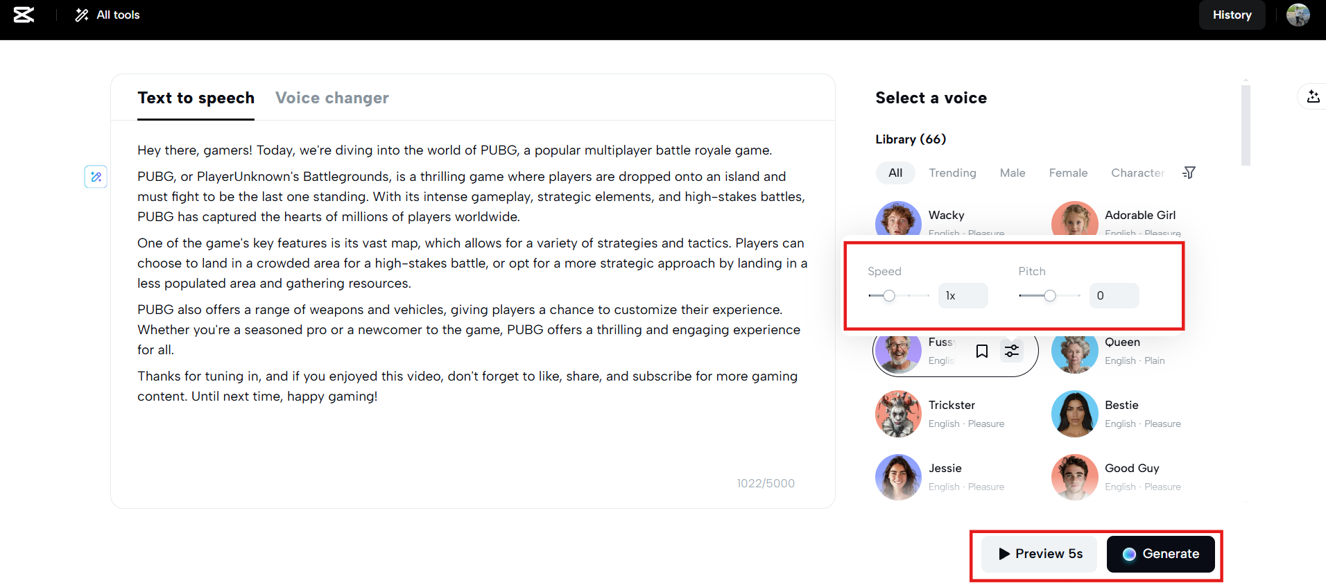 Adjust settings and generate
