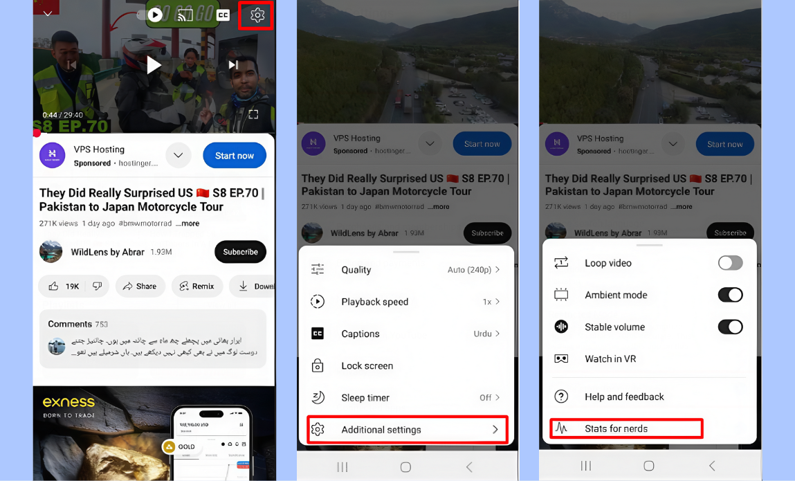Open "Stats for nerds" on mobile